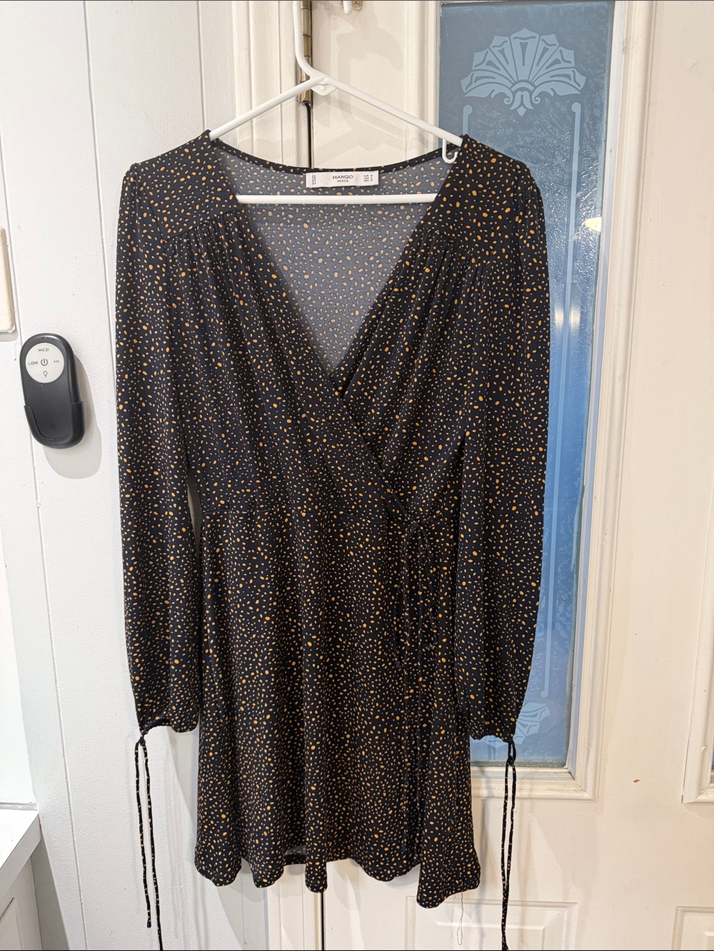 Mango Black Wrap Mini Dress with Gold Dot Print